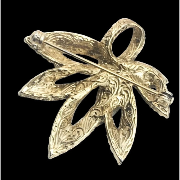 Rhinestone Leaf Leaves Fall Autumn Gold Tone Brooch Pin - Picture 2 of 2